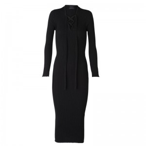 Black - Knit Longchamp Fitted long Women Dress | AU8616JP