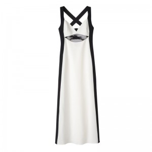 White/Black - Crepe Longchamp Long with belt patch Women Dress | AU8564JP